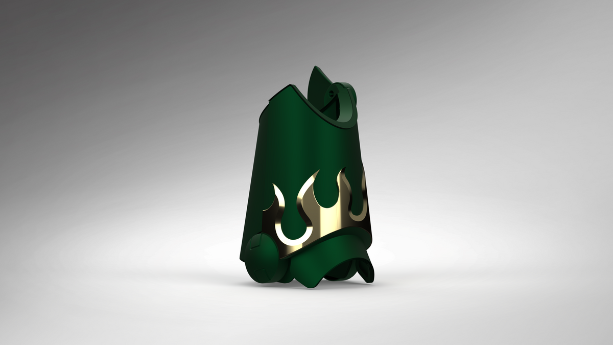 A dark green hood or cape-like accessory with a gold flame emblem on the front, shown on a neutral gray gradient background.