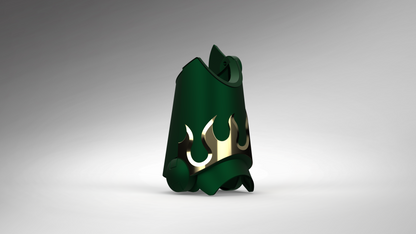 A dark green hood or cape-like accessory with a gold flame emblem on the front, shown on a neutral gray gradient background.