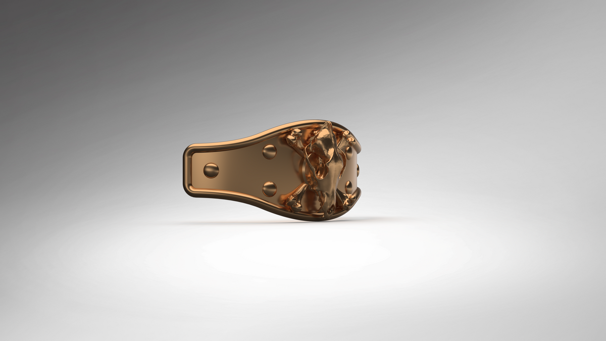 A single metallic bronze-colored object with a reflective, polished finish, shown from a side angle against a clean gray-to-white studio background.