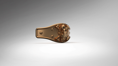 A single metallic bronze-colored object with a reflective, polished finish, shown from a side angle against a clean gray-to-white studio background.