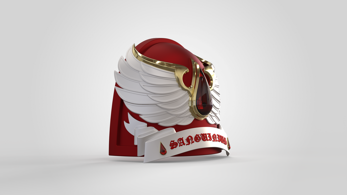 Sure! Here’s your rewritten sentence using the provided product name: A red and white ornate helmet with large white wings and gold trim, featuring a blood drop emblem and the word SANGUINARY on a white banner at the base. Perfect for your Galactic Warriors 3D printable collection, this digital download pairs excellently with the V.10 Crimson Celestials V.2 Shoulder Detail (3D Print | Files Only).