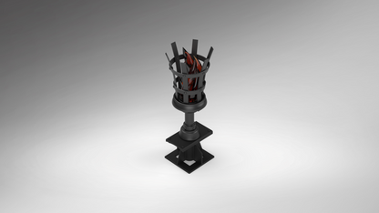 A 3D-rendered black metal stand or holder with a square base, cylindrical middle section, and several upright bars at the top, shown on a smooth gray gradient background.