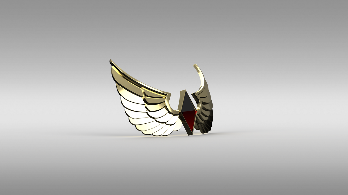 A 3D digital render of a winged emblem or crest, featuring white and gold wings with a central dark red shield and gold accents, set against a smooth gray gradient background.
