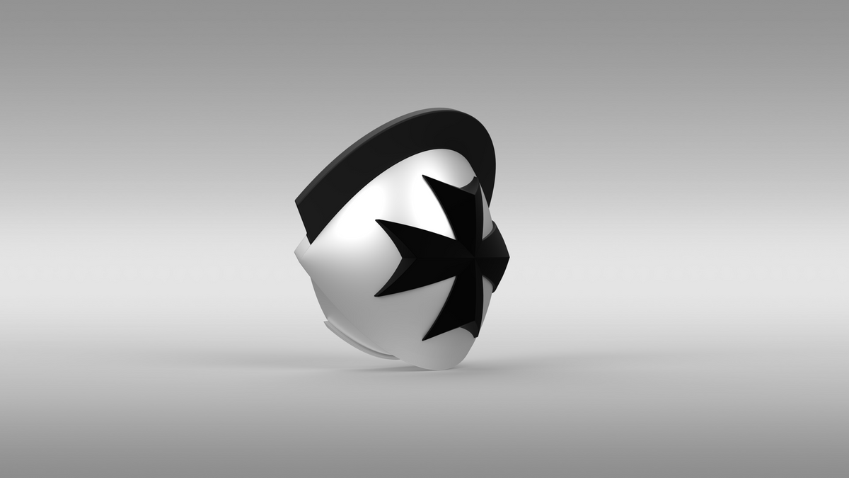 A white, 3D-printable knee piece named “V.10 Black Templars Knee Detail V.1 (3D Print | Files Only)” featuring a black six-pointed star on the front and a curved black band across the top, with subtle Tactical Knee Skull Detail inspired by Galactic Warriors Version 10, displayed against a plain gray background.