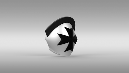 A white, 3D-printable knee piece named “V.10 Black Templars Knee Detail V.1 (3D Print | Files Only)” featuring a black six-pointed star on the front and a curved black band across the top, with subtle Tactical Knee Skull Detail inspired by Galactic Warriors Version 10, displayed against a plain gray background.
