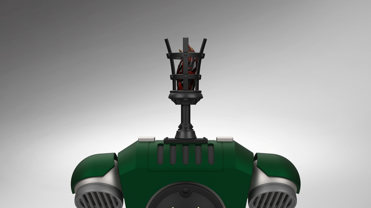 A close-up top-down view of a green and black robot or mecha head with a tall black antenna array and a red visor or face element, shown against a smooth gray gradient background.
