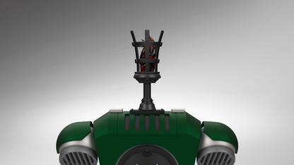 A close-up top-down view of a green and black robot or mecha head with a tall black antenna array and a red visor or face element, shown against a smooth gray gradient background.