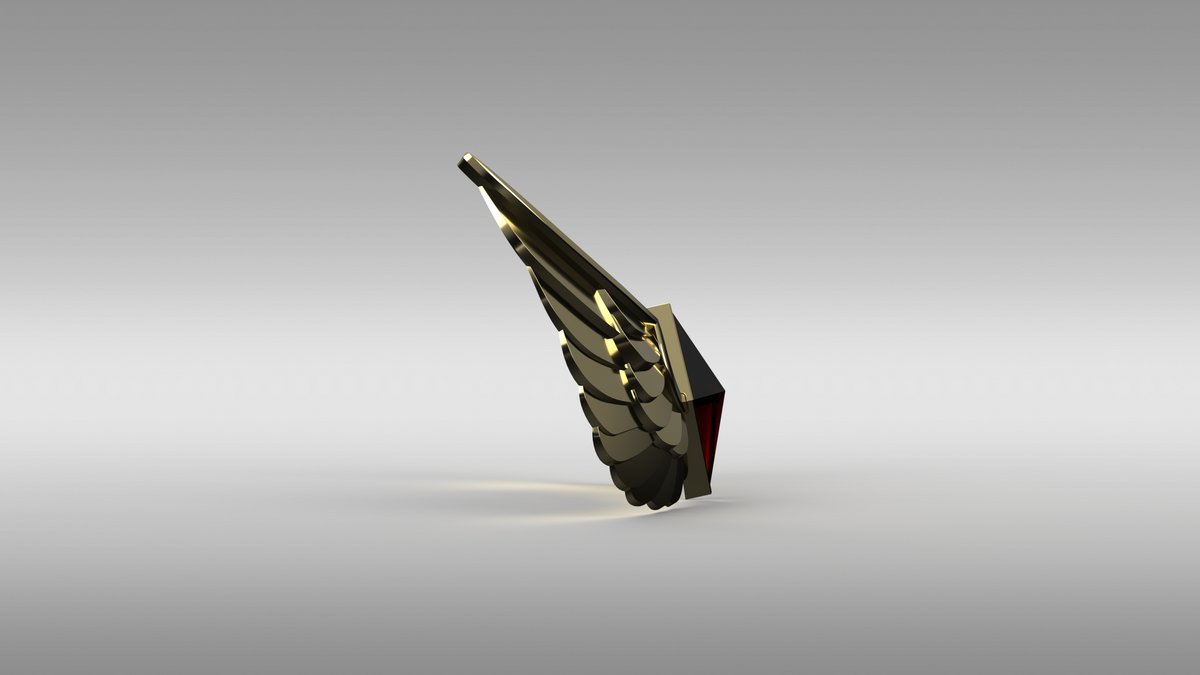 A 3D-rendered winged object, resembling a stylized winged emblem or decorative piece, shown on a smooth gray gradient background.
