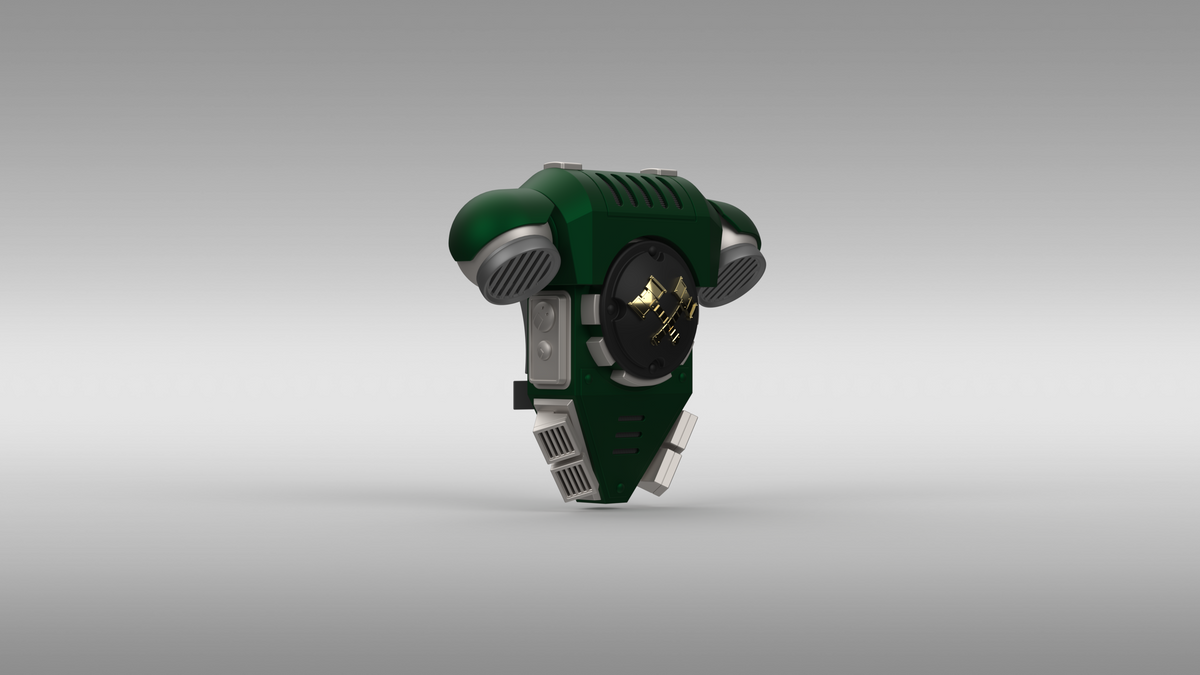 A futuristic, dark green V.10 Fire Lizards Backpack Cover Detail V.1 (3D Print | Files Only), featuring metallic accents, vents, and a circular black center with gold details, floats like a robotic accessory against a simple gray gradient background.
