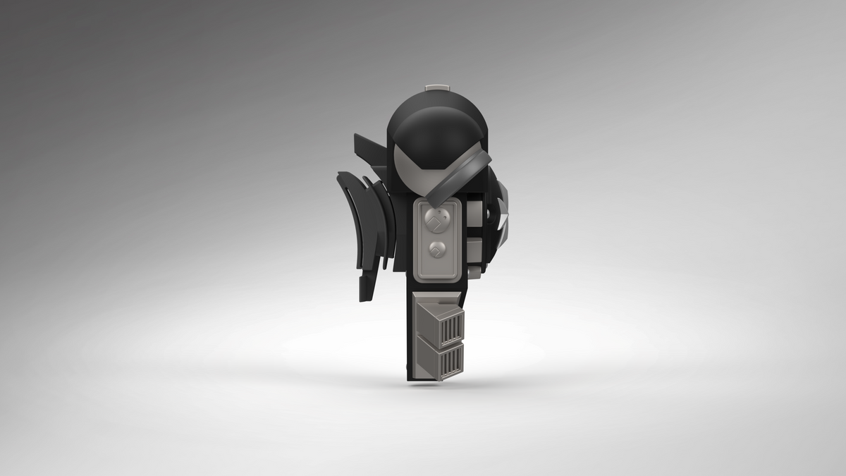 A futuristic, black and silver V.10 Grim Paladins Backpack Cover Detail V.1 (3D Print | Files Only) featuring circular and rectangular components stands upright on a light gray background with a soft spotlight effect, evoking the advanced engineering found in Galactic Warriors Version 10.
