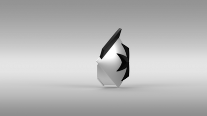 The V.10 Black Templars Knee Detail V.1, a 3D-printable component with a sleek silver finish and distinctive black star-shaped cutouts inspired by the Galactic Warriors Version 10, is displayed upright against a plain gray background.