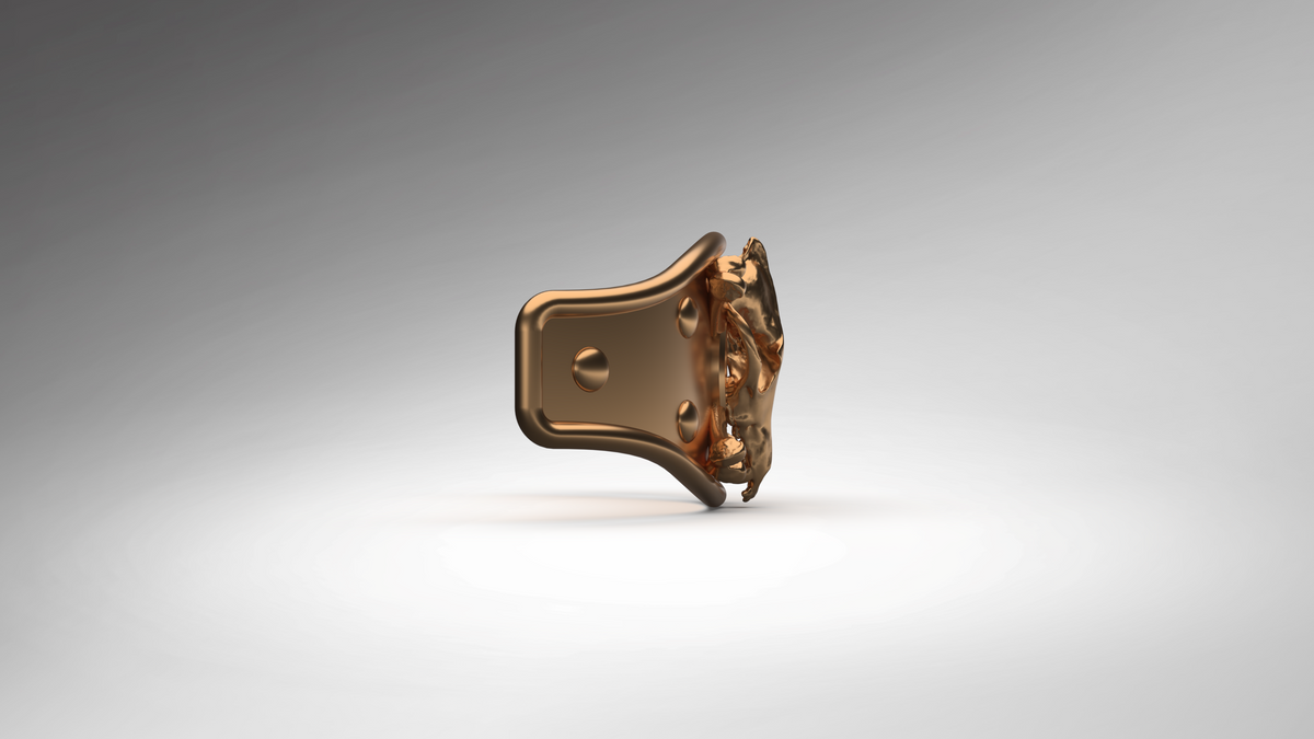 A single metallic hardware component, appearing as a bronze or copper-toned bracket with a polished finish, shown against a clean gray gradient background.
