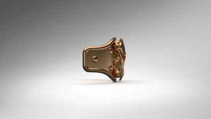 A single metallic hardware component, appearing as a bronze or copper-toned bracket with a polished finish, shown against a clean gray gradient background.