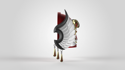 A stylized metallic wing emblem featuring gold accents and red jewel pendants, inspired by the V.10 Crimson Celestials V.1 Shoulder Detail (3D Print | Files Only) design, set against a plain light gray background.