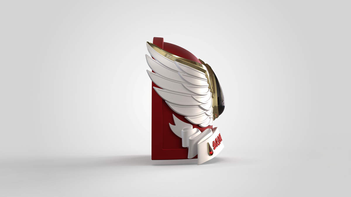 A 3D object, inspired by the V.10 Crimson Celestials V.2 Shoulder Detail, showcases a prominent white wing affixed to a striking red and gold shield-like structure reminiscent of Galactic Warriors armor. Displayed upright on a light gray background, this eye-catching piece is available as digital files for 3D printing enthusiasts.