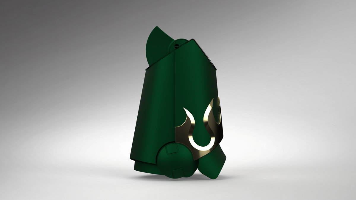 A dark green 3D-printed articulated toy figure or accessory with gold-colored printed details, shown on a neutral gray gradient background.