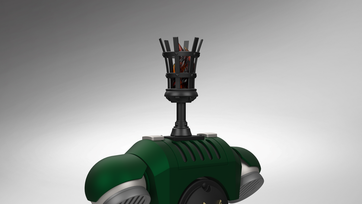 A close-up studio shot of a green and silver robotic vacuum cleaner, showing the upper attachment head and dark internal brush bars against a gray gradient background.