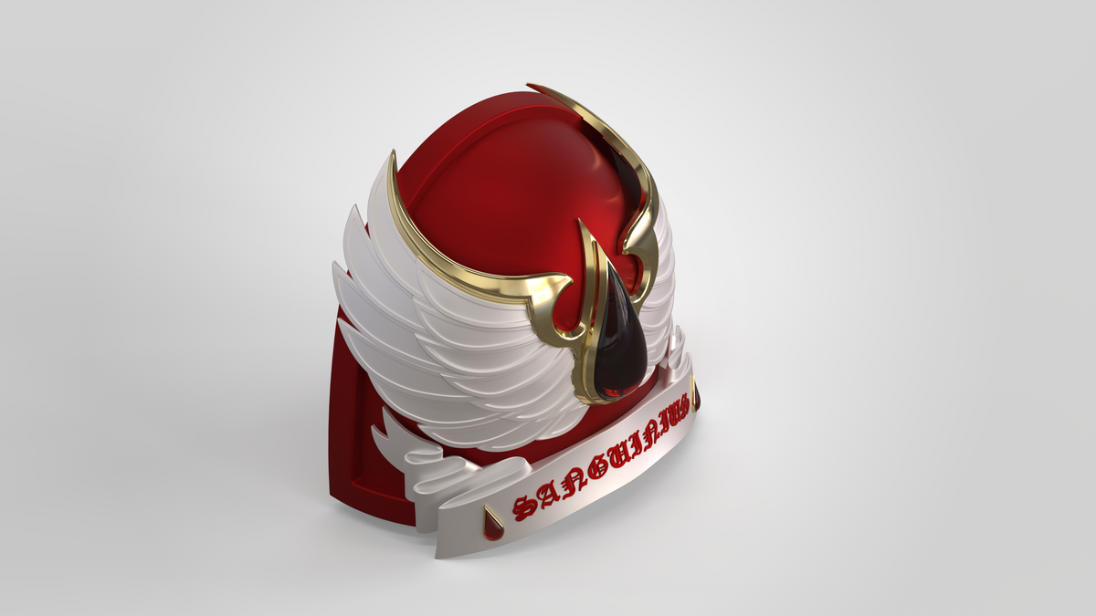 A red and white armored shoulder pad adorned with gold trim, a prominent winged emblem, and the word “SANCTARY” in red on a white banner at the base. Ideal for enthusiasts of 3D printable accessories, this V.10 Crimson Celestials V.2 Shoulder Detail (3D Print | Files Only) is displayed against a plain light gray background.