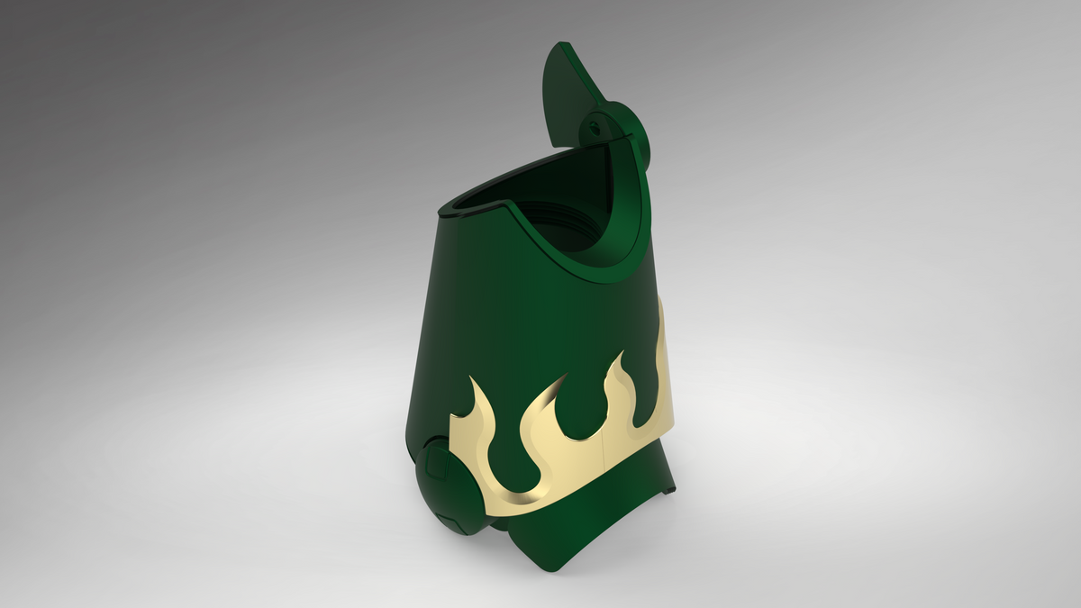 A 3D-printed miniature green shield or wall plaque featuring a gold flame design, shown on a neutral gray gradient background.