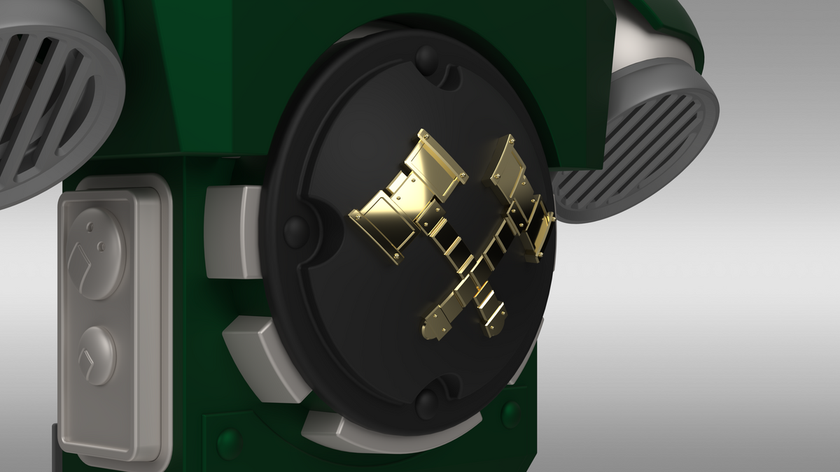 Close-up of the V.10 Fire Lizards Backpack Cover Detail V.1 (3D Print | Files Only) in green and black, featuring a round black panel with two crossed gold axes—echoing the familiar insignia of the Galactic Warriors backpack. Silver vents and a side panel with a face icon are also visible.