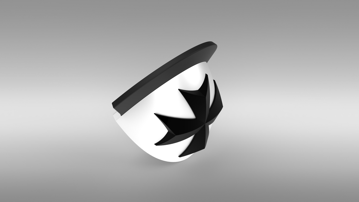 A white, semi-circular V.10 Black Templars Knee Detail V.1 accessory with a thick black rim and a bold geometric star design on its side—designed for 3D printing (files only) and shown against a plain gray background. This printable knee component features intricate Tactical Knee Skull Detail, making it both visually striking and ideal for personalized customization.