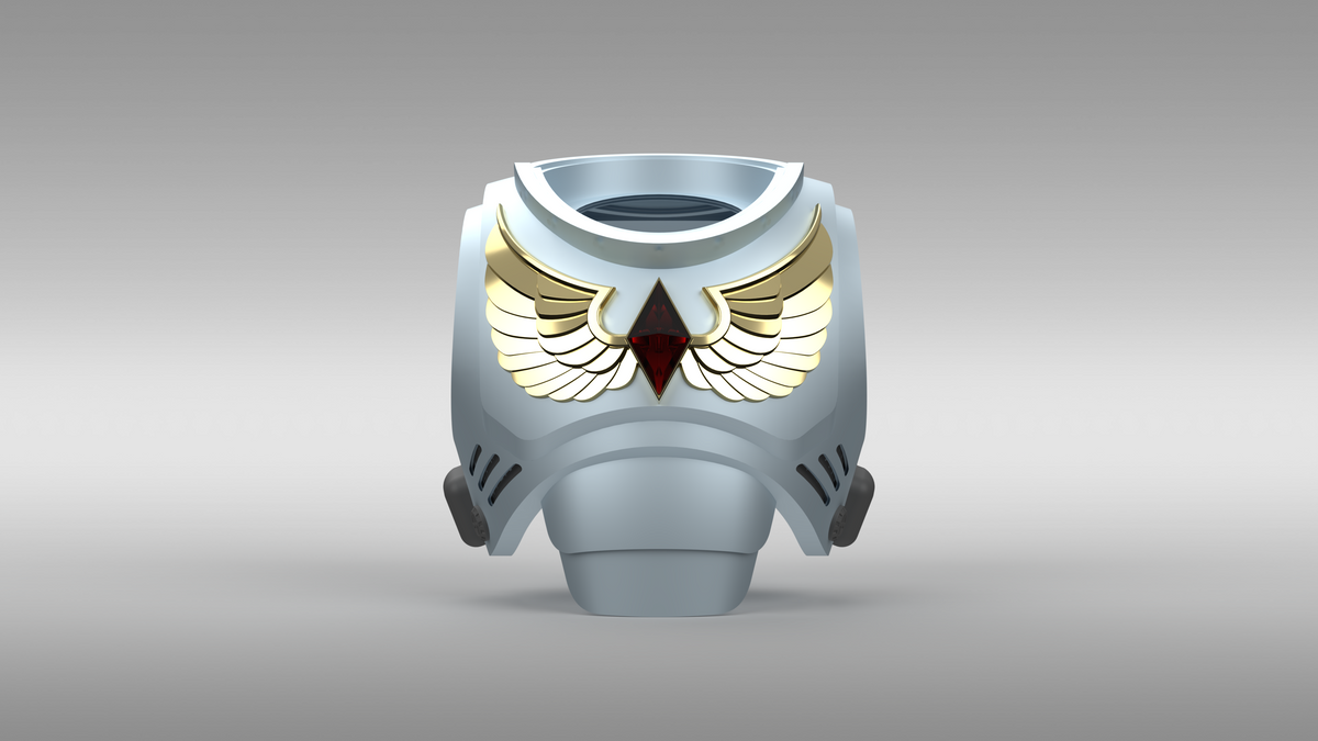 A 3D digital render of a futuristic sci-fi helmet or visor, primarily light gray with gold and white wing-like details on the forehead, a dark red central diamond, and dark gray side vents, set against a neutral gray gradient background.