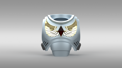 A 3D digital render of a futuristic sci-fi helmet or visor, primarily light gray with gold and white wing-like details on the forehead, a dark red central diamond, and dark gray side vents, set against a neutral gray gradient background.