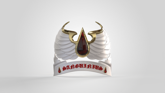 A striking white, winged helmet with gold trim and a central red gem—the ideal choice for fans of Galactic Warriors 3D printable models. The name SANGUINIUS appears in bold red on a white banner at the base, flanked by small red teardrop accents, making the V.10 Crimson Celestials V.2 Shoulder Detail (3D Print | Files Only) perfect for customizing your Tactical Crimson Celestials shoulder armor with this digital download.