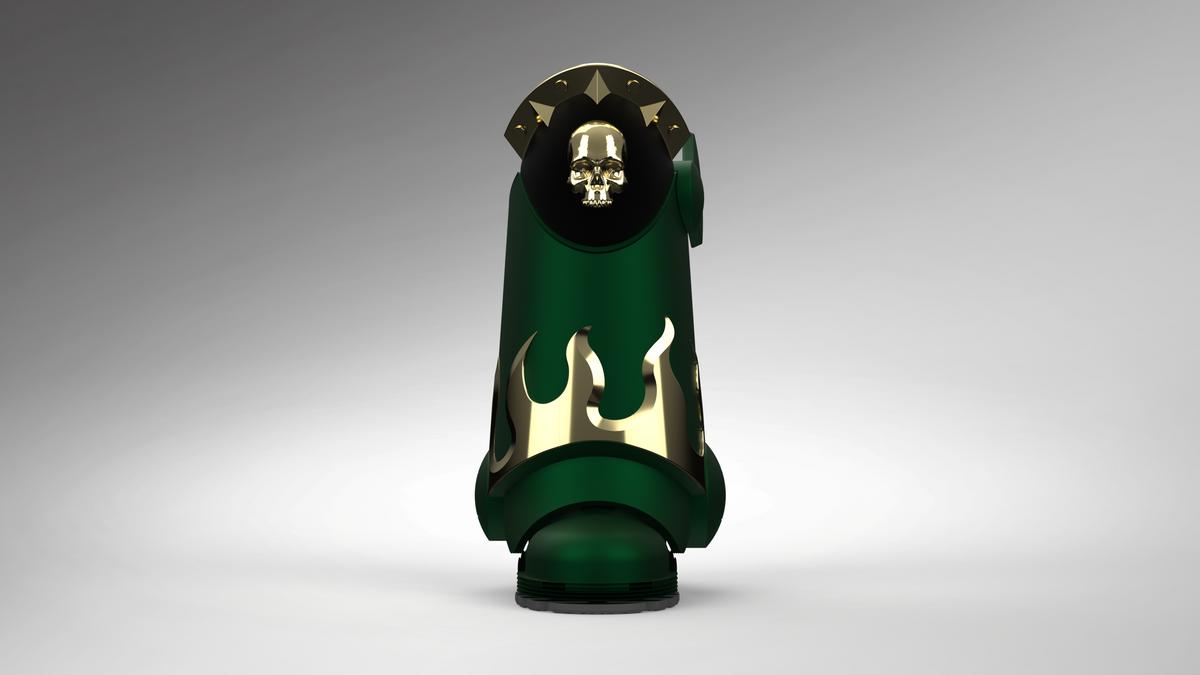 A single dark green boot with gold flame and skull details, shown from the back against a gray gradient studio background.