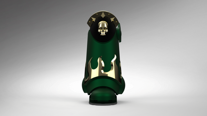 A single dark green boot with gold flame and skull details, shown from the back against a gray gradient studio background.