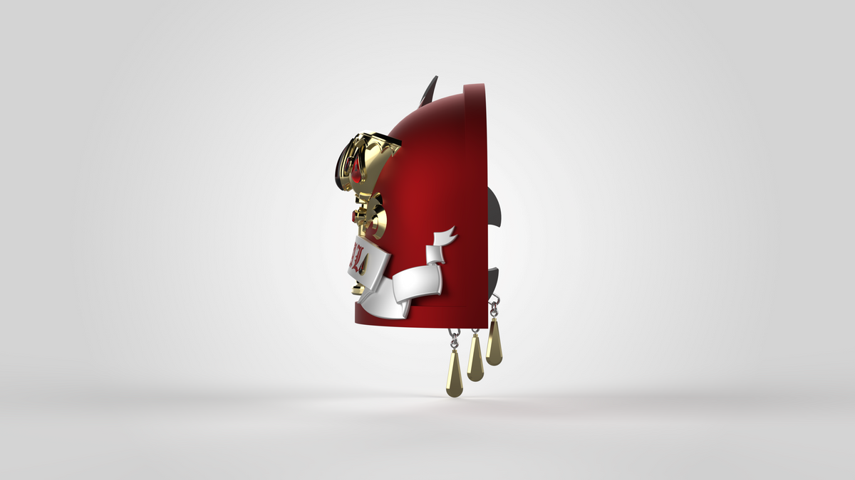 A glossy red and gold object with a white ribbon design and gold hanging weights floats against a plain gray background, reminiscent of the V.10 Crimson Celestials V.1 Shoulder Detail (3D Print | Files Only) from the 3D-printable Galactic Warriors collection.