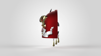 A glossy red and gold object with a white ribbon design and gold hanging weights floats against a plain gray background, reminiscent of the V.10 Crimson Celestials V.1 Shoulder Detail (3D Print | Files Only) from the 3D-printable Galactic Warriors collection.