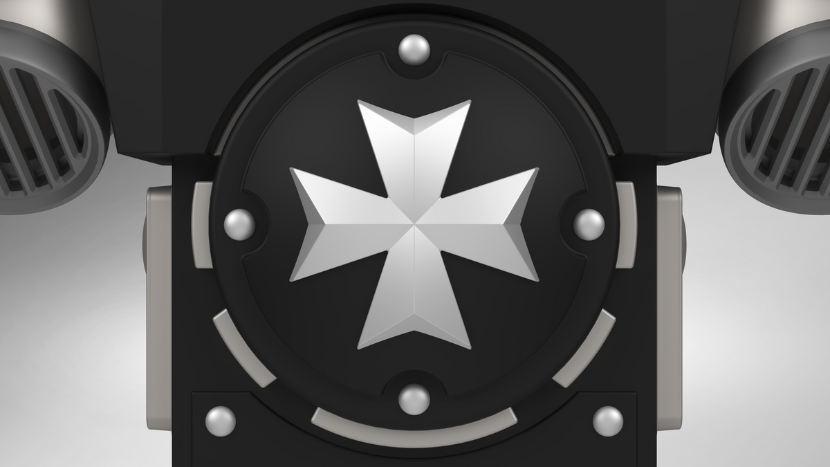 A metallic eight-pointed star emblem sits at the center of a circular black field with silver accents, bordered by symmetrical metallic details on each side—reminiscent of the insignia featured on the V.10 Grim Paladins Backpack Cover Detail V.1 (3D Print | Files Only) from Galactic Warriors Version 10.