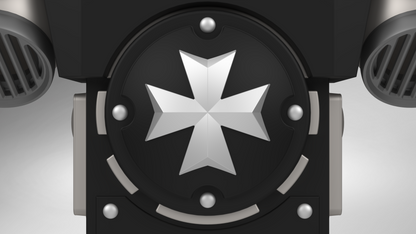 A metallic eight-pointed star emblem sits at the center of a circular black field with silver accents, bordered by symmetrical metallic details on each side—reminiscent of the insignia featured on the V.10 Grim Paladins Backpack Cover Detail V.1 (3D Print | Files Only) from Galactic Warriors Version 10.