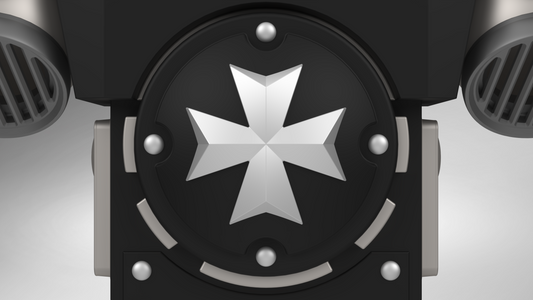 A metallic eight-pointed star emblem sits at the center of a circular black field with silver accents, bordered by symmetrical metallic details on each side—reminiscent of the insignia featured on the V.10 Grim Paladins Backpack Cover Detail V.1 (3D Print | Files Only) from Galactic Warriors Version 10.
