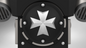 A metallic eight-pointed star emblem sits at the center of a circular black field with silver accents, bordered by symmetrical metallic details on each side—reminiscent of the insignia featured on the V.10 Grim Paladins Backpack Cover Detail V.1 (3D Print | Files Only) from Galactic Warriors Version 10.
