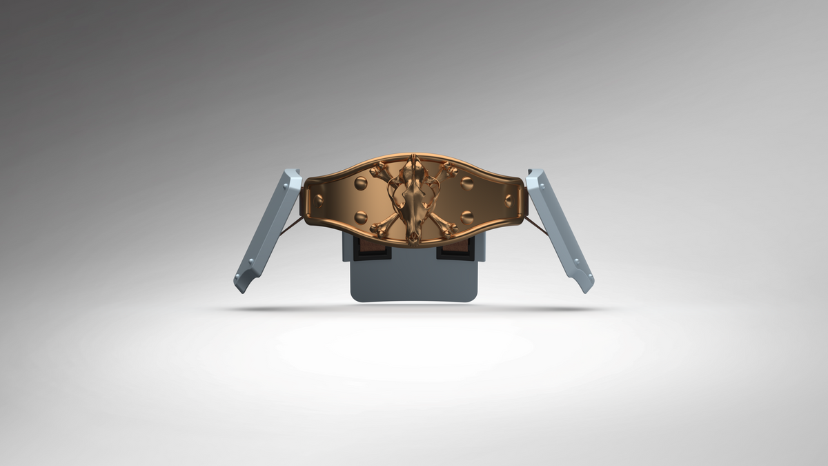 A 3D-rendered decorative belt buckle or jewelry clasp shown front-facing on a smooth gray gradient background. The central piece is metallic bronze/copper with a raised figure motif and small circular details, flanked by two light gray side arms.
