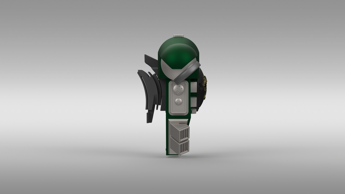 A 3D-rendered model of a green and silver futuristic helmet featuring circular and rectangular accents, displayed from a side view against a gradient gray background. This digital download—V.10 Fire Lizards Backpack Cover Detail V.1 (3D Print | Files Only)—is ideal for fans of Tactical Fire Lizards and collectors who want to complete their Galactic Warriors backpack display.