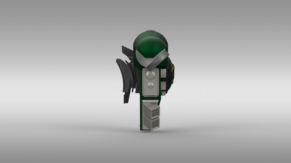 A 3D-rendered model of a green and silver futuristic helmet featuring circular and rectangular accents, displayed from a side view against a gradient gray background. This digital download—V.10 Fire Lizards Backpack Cover Detail V.1 (3D Print | Files Only)—is ideal for fans of Tactical Fire Lizards and collectors who want to complete their Galactic Warriors backpack display.