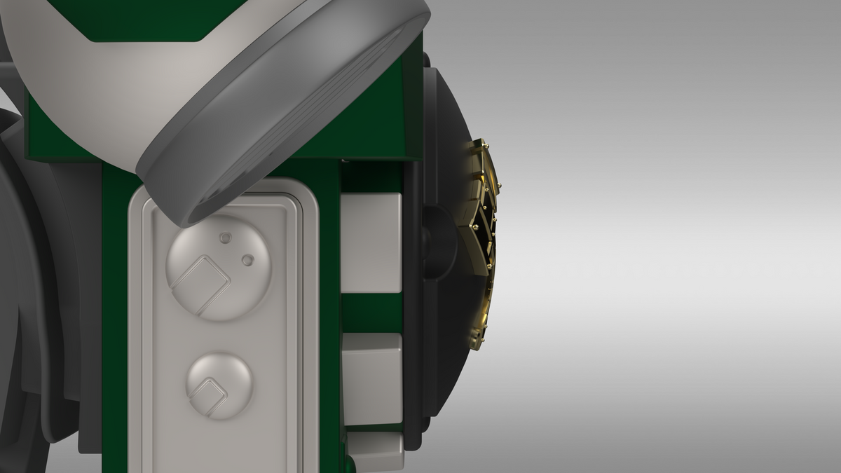 Close-up of a green and gray V.10 Fire Lizards Backpack Cover Detail V.1 (3D Print | Files Only), featuring a white panel with two round buttons and a black circular element with gold detail on the right side. The background is a smooth gray gradient.