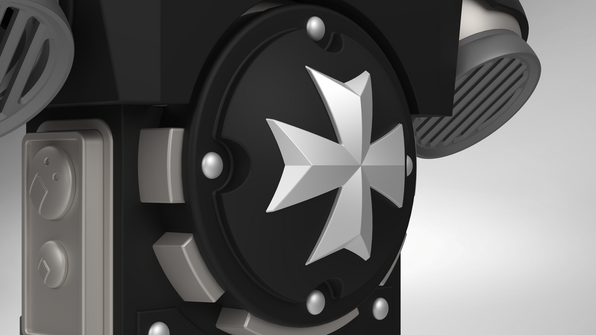 A close-up of a black and silver V.10 Grim Paladins Backpack Cover Detail V.1 (3D Print | Files Only), showcasing a raised, eight-pointed Maltese cross on a circular surface with metallic accents and geometric patterns, evocative of the iconic insignia from Tactical Grim Paladins in the Galactic Warriors Version 10 series.