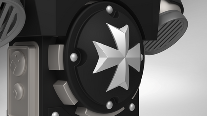 A close-up of a black and silver V.10 Grim Paladins Backpack Cover Detail V.1 (3D Print | Files Only), showcasing a raised, eight-pointed Maltese cross on a circular surface with metallic accents and geometric patterns, evocative of the iconic insignia from Tactical Grim Paladins in the Galactic Warriors Version 10 series.