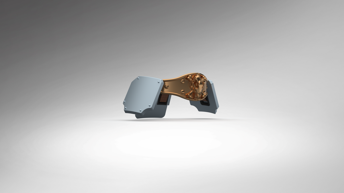 A 3D-rendered mechanical component or hardware part with a metallic bronze central section and dark gray side plates, shown on a smooth gray gradient background.