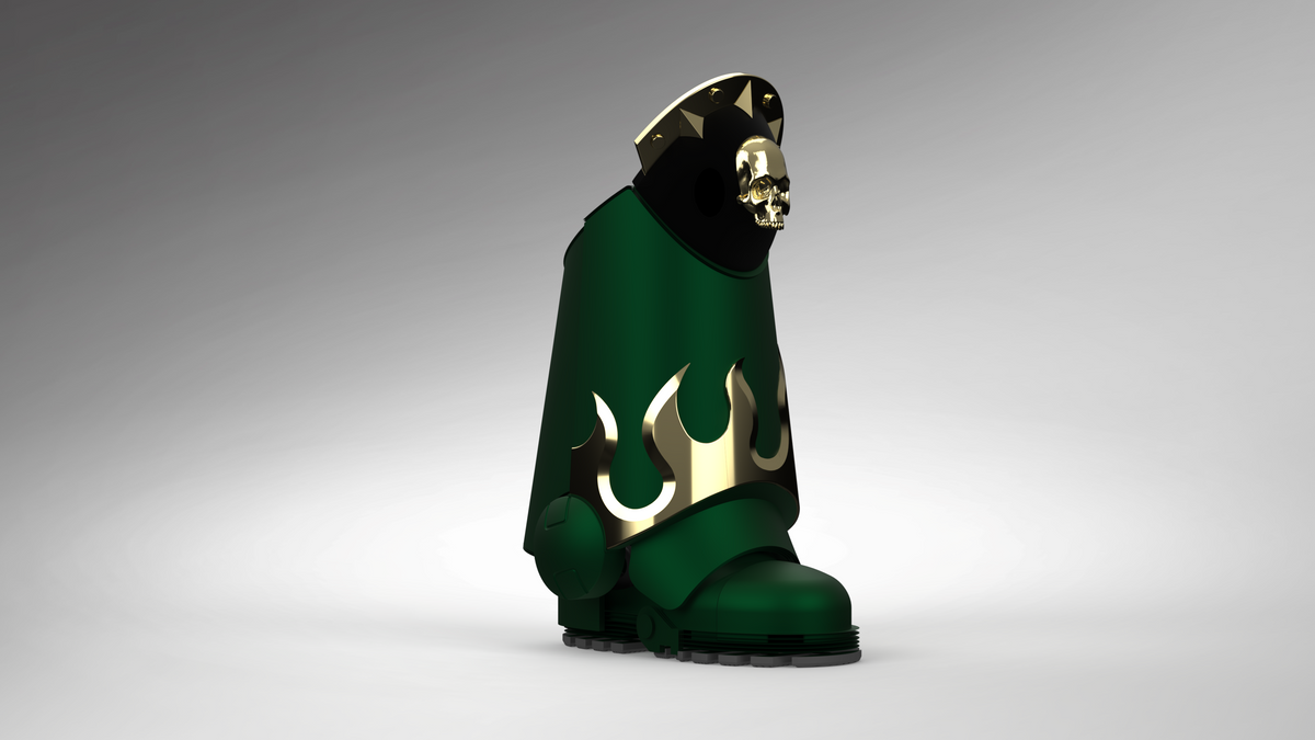 A 3D-rendered fantasy boot or boot-like product in dark green with metallic gold flame-like accents and a black hood featuring a gold skull and spikes, shown on a smooth gray gradient background.