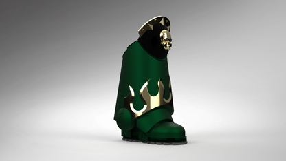 A 3D-rendered fantasy boot or boot-like product in dark green with metallic gold flame-like accents and a black hood featuring a gold skull and spikes, shown on a smooth gray gradient background.
