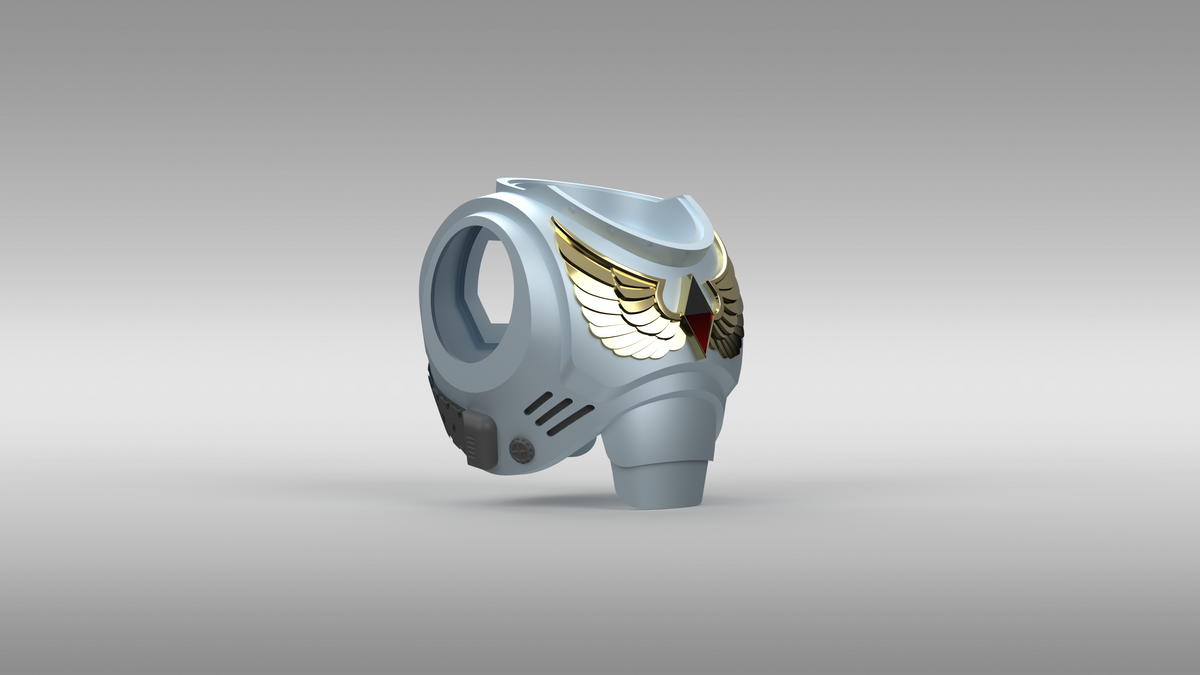 A 3D-rendered sci-fi style helmet or visor component in metallic silver-gray, featuring a wing emblem on the front with gold, white, and dark red details, shown on a smooth gray gradient background.