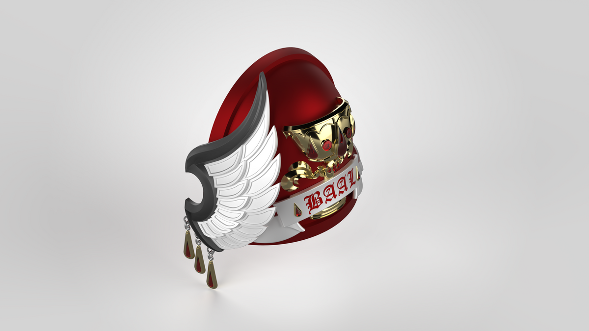 A V.10 Crimson Celestials V.1 Shoulder Detail (3D Print | Files Only)—featuring a gold finish, a striking red dome, white-laced front plate, and an impressive black-and-white winged crest evocative of Galactic Warriors armor—displayed against a simple light background.