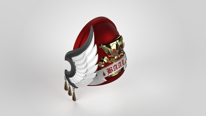 A V.10 Crimson Celestials V.1 Shoulder Detail (3D Print | Files Only)—featuring a gold finish, a striking red dome, white-laced front plate, and an impressive black-and-white winged crest evocative of Galactic Warriors armor—displayed against a simple light background.