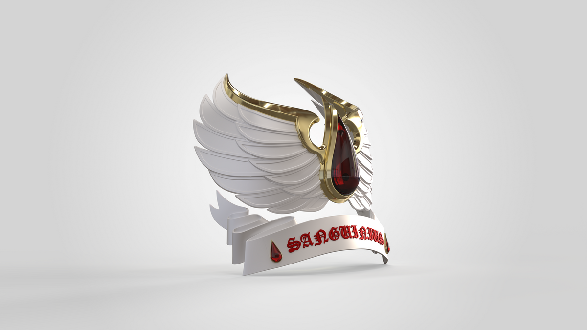A striking 3D emblem designed as the V.10 Crimson Celestials V.2 Shoulder Detail (3D Print | Files Only), featuring elegant white and gold wings, a teardrop-shaped red gem, and a gleaming gold outline. This digital download is perfect for Galactic Warriors projects, with a bold gothic “SANGUINE” in red on a flowing white ribbon below—accented by small red droplets at each end—making it an ideal way to customize your Tactical Crimson Celestials shoulder armor.