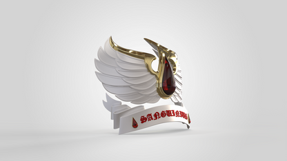 A striking 3D emblem designed as the V.10 Crimson Celestials V.2 Shoulder Detail (3D Print | Files Only), featuring elegant white and gold wings, a teardrop-shaped red gem, and a gleaming gold outline. This digital download is perfect for Galactic Warriors projects, with a bold gothic “SANGUINE” in red on a flowing white ribbon below—accented by small red droplets at each end—making it an ideal way to customize your Tactical Crimson Celestials shoulder armor.